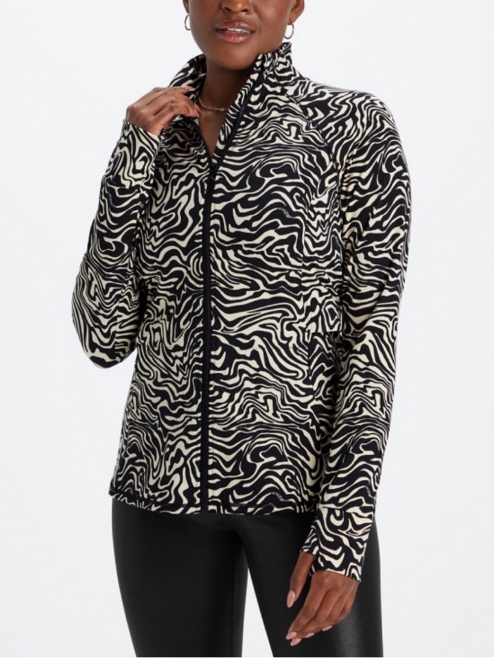 Fabletics Black & Tan Zebra-Print Zip Jacket - pit to pit 17" , length 25 1/2"